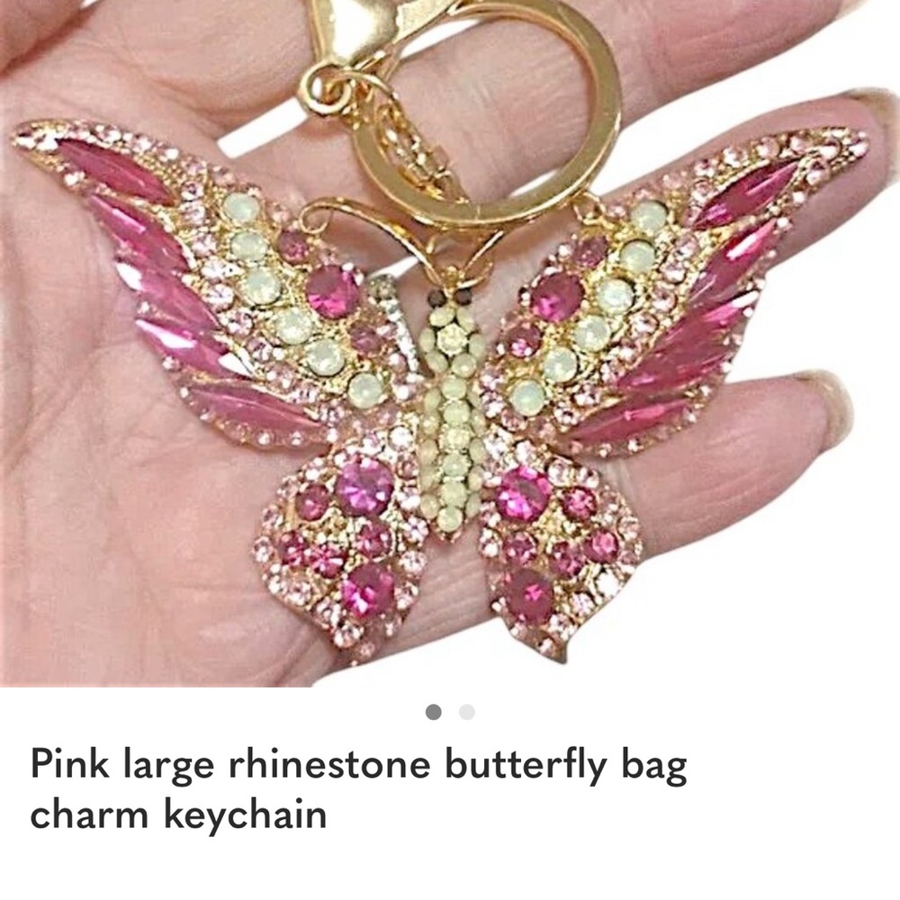 Pink large rhinestone butterfly bag charm keychain
